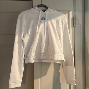 White Adidas Girls Hoodie with Green Stripes on Back (Size L)